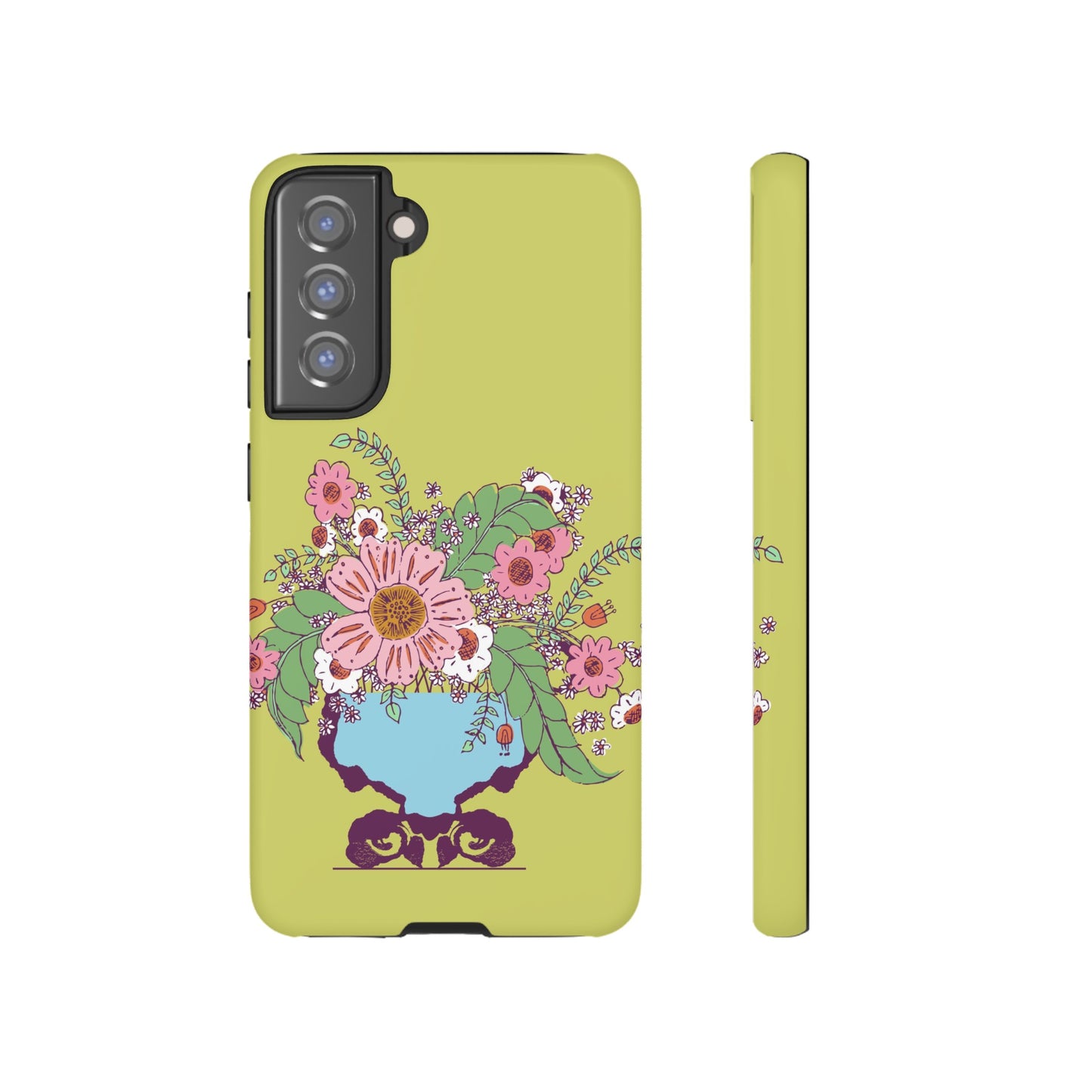 Cheerful Watercolor Flowers in Vase on Bright Green Tough Cases for Samsung