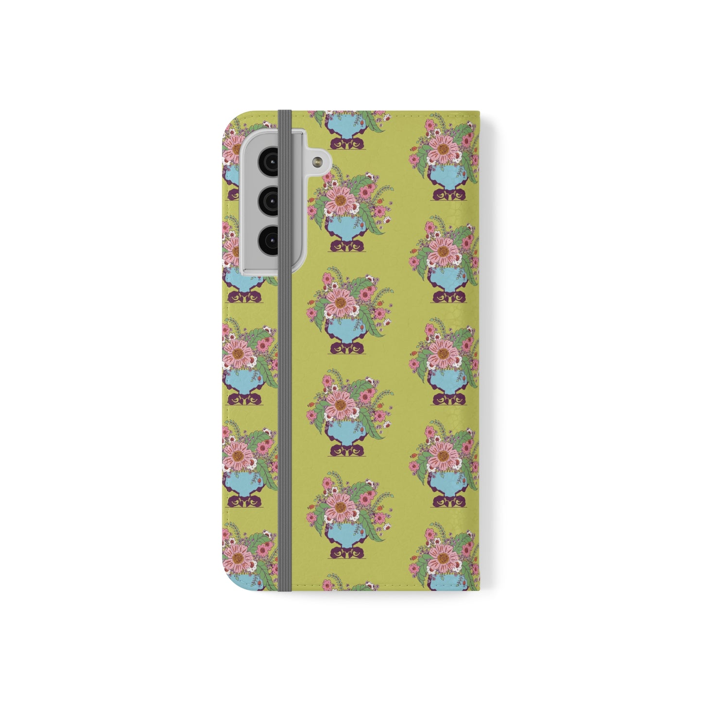 Cheerful Watercolor Flowers in Vase on Bright Green Flip Cases for Samsung