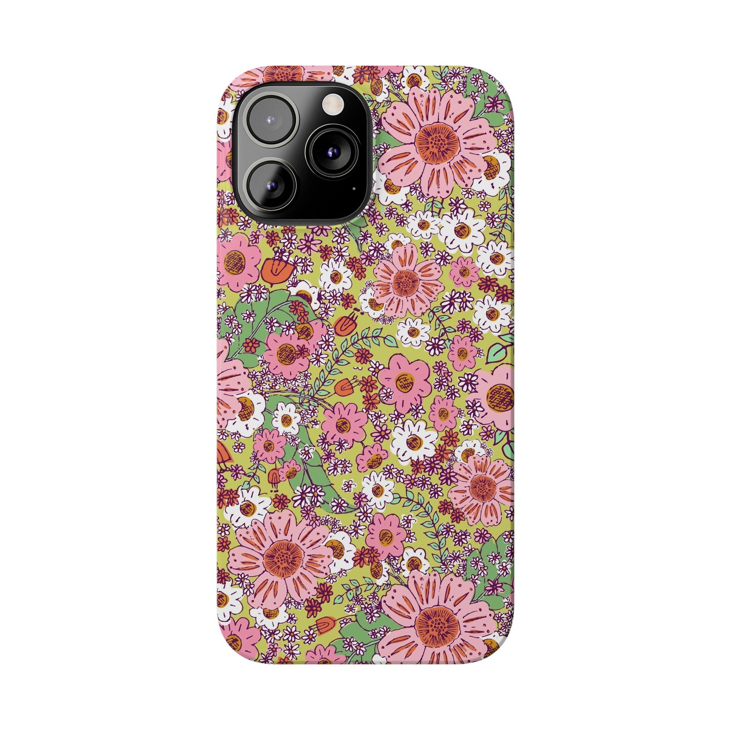 Cheerful Watercolor Flowers on Bright Green Slim Phone Cases