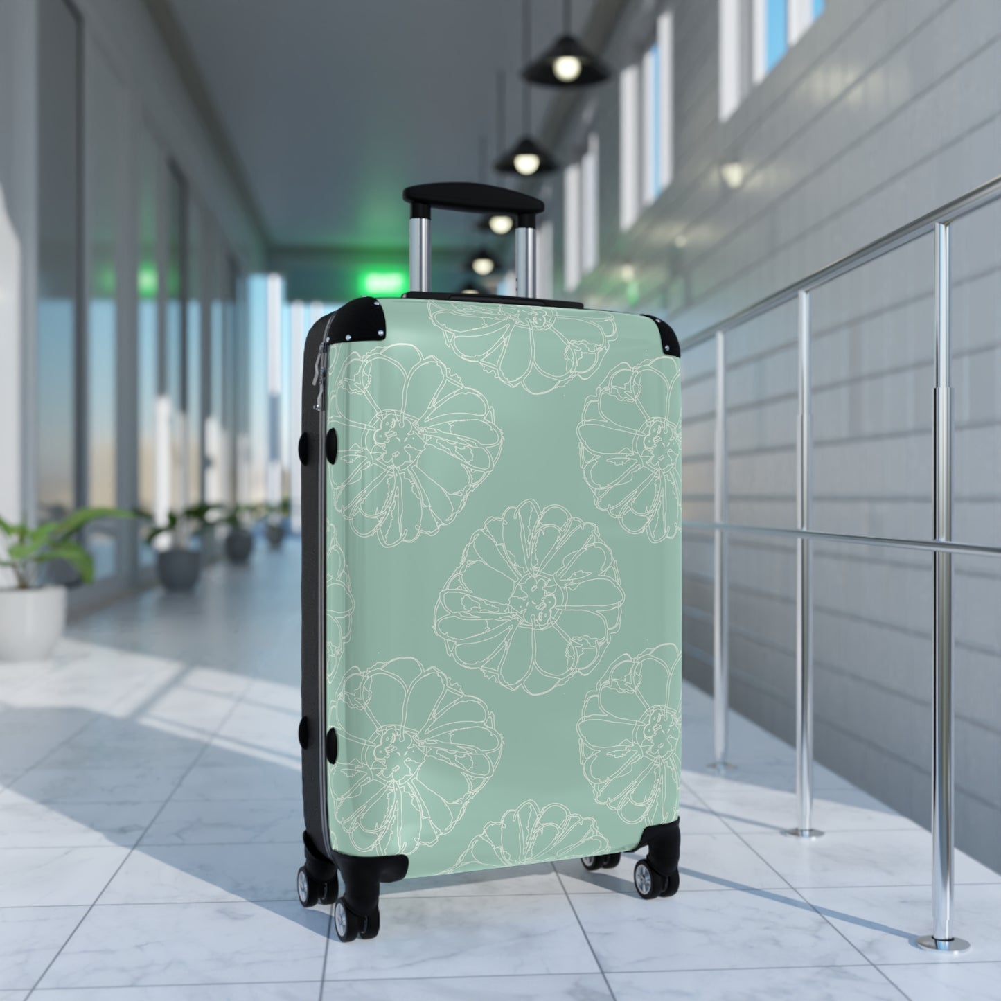 Cream Flower Outline on Aqua Suitcase