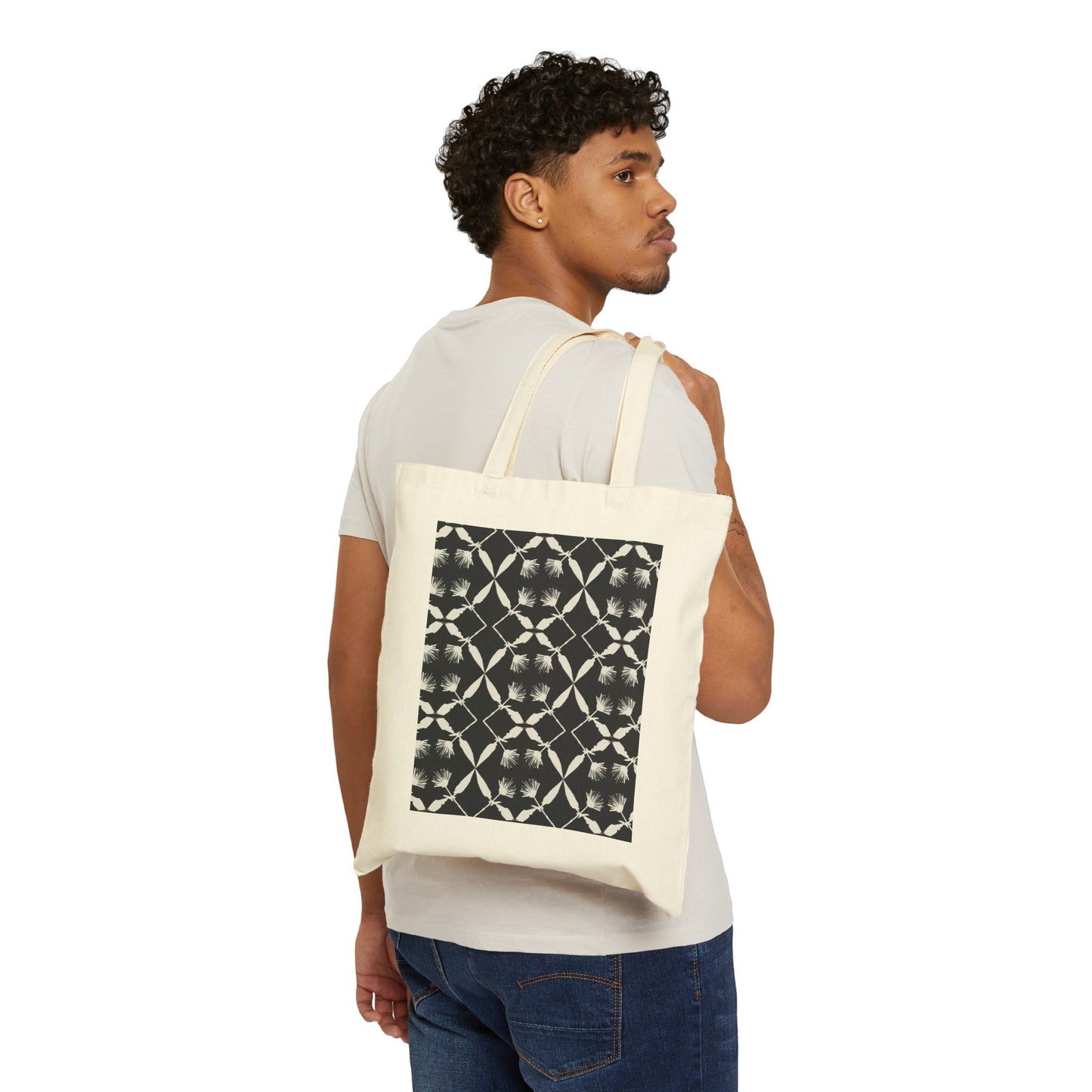 Black and White Floral Cotton Canvas Tote Bag