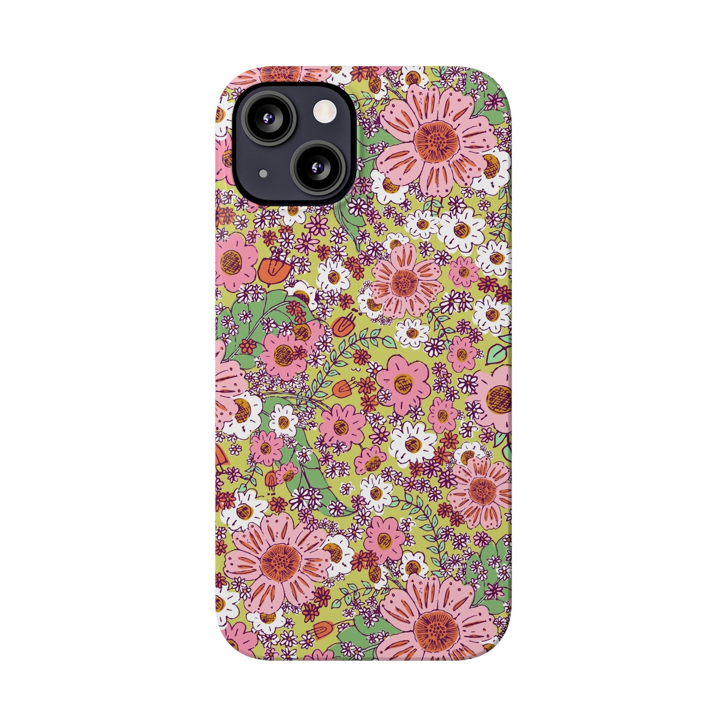 Cheerful Watercolor Flowers on Bright Green Slim Phone Cases