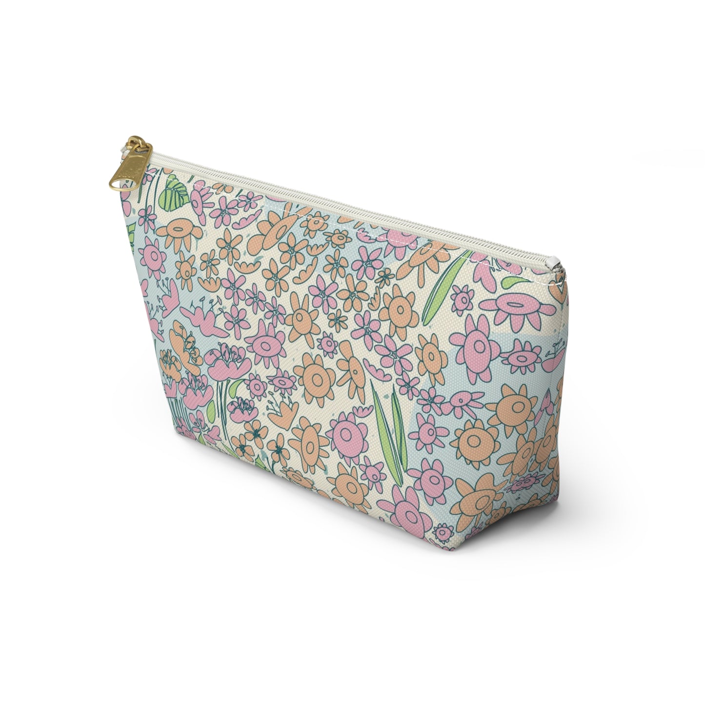 Orange and Pink Flowers on Blue Dot Accessory Pouch w T-bottom