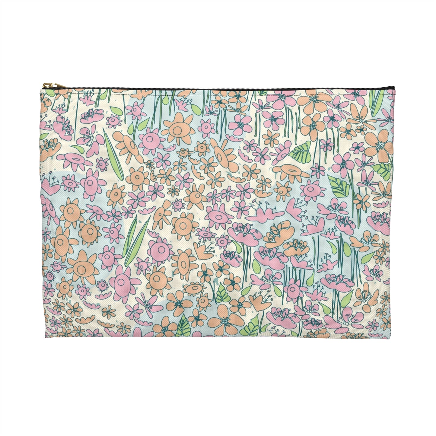 Orange and Pink Flowers on Blue Dot Accessory Pouch