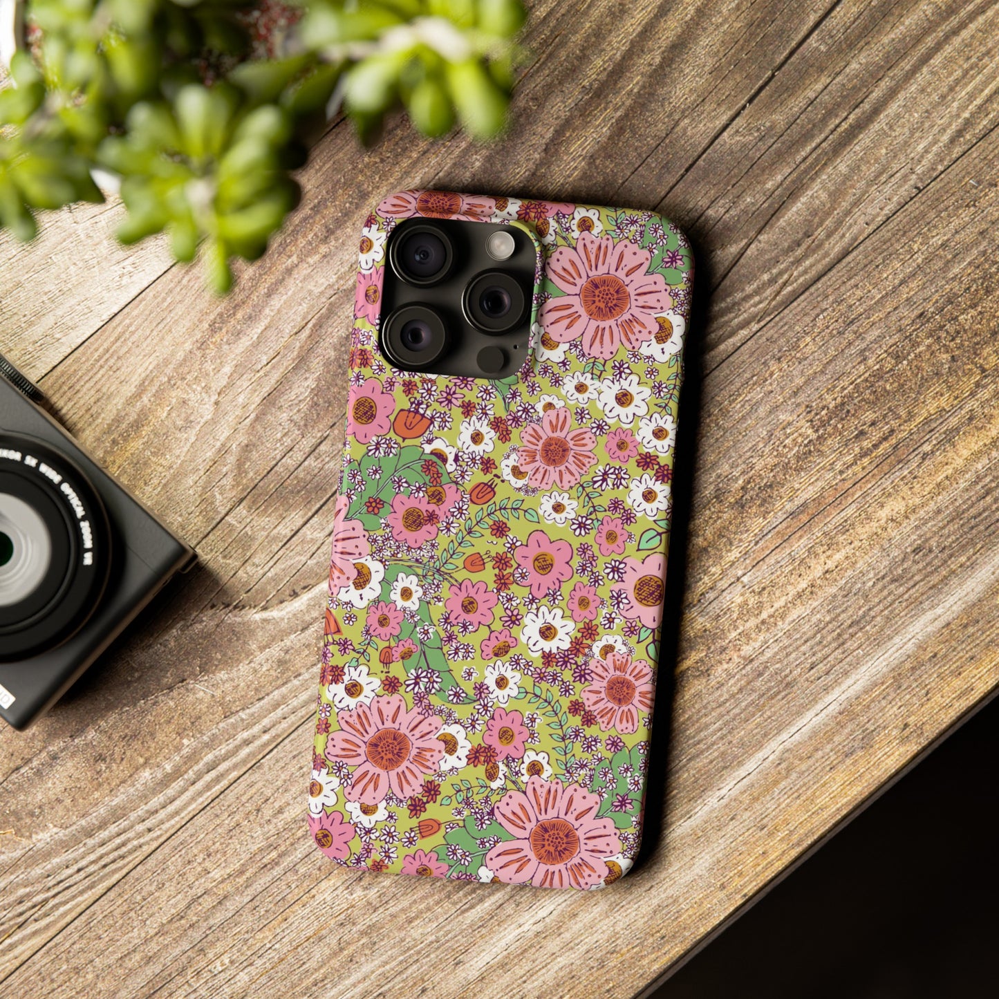 Cheerful Watercolor Flowers on Bright Green Slim Phone Cases