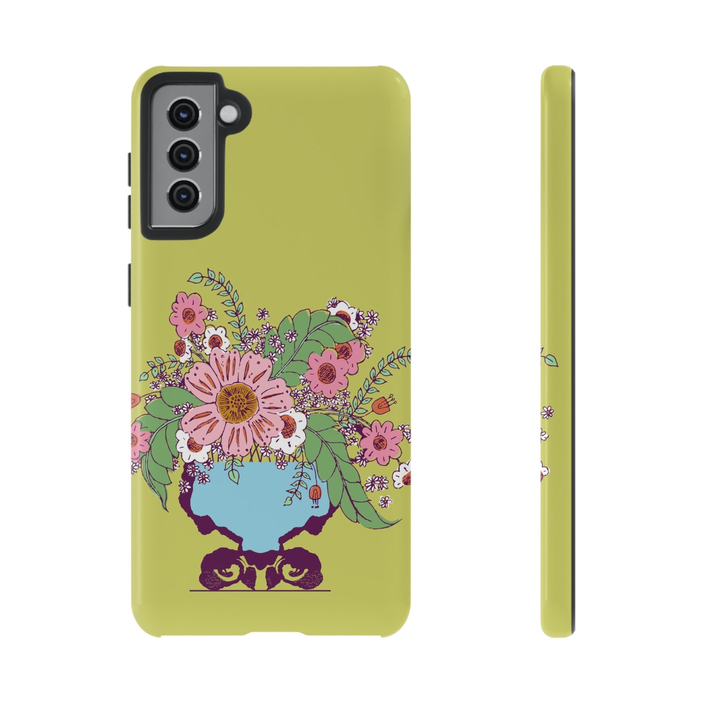 Cheerful Watercolor Flowers in Vase on Bright Green Tough Cases for Samsung