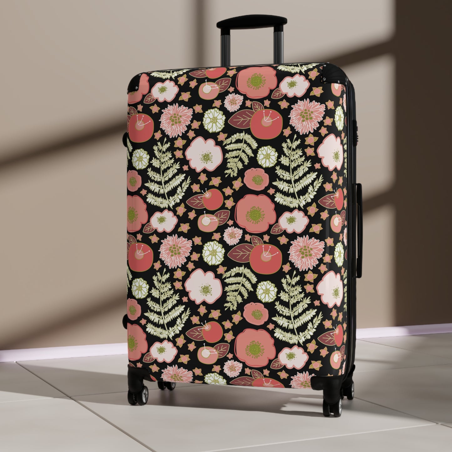 Coral Flowers on Black Suitcase