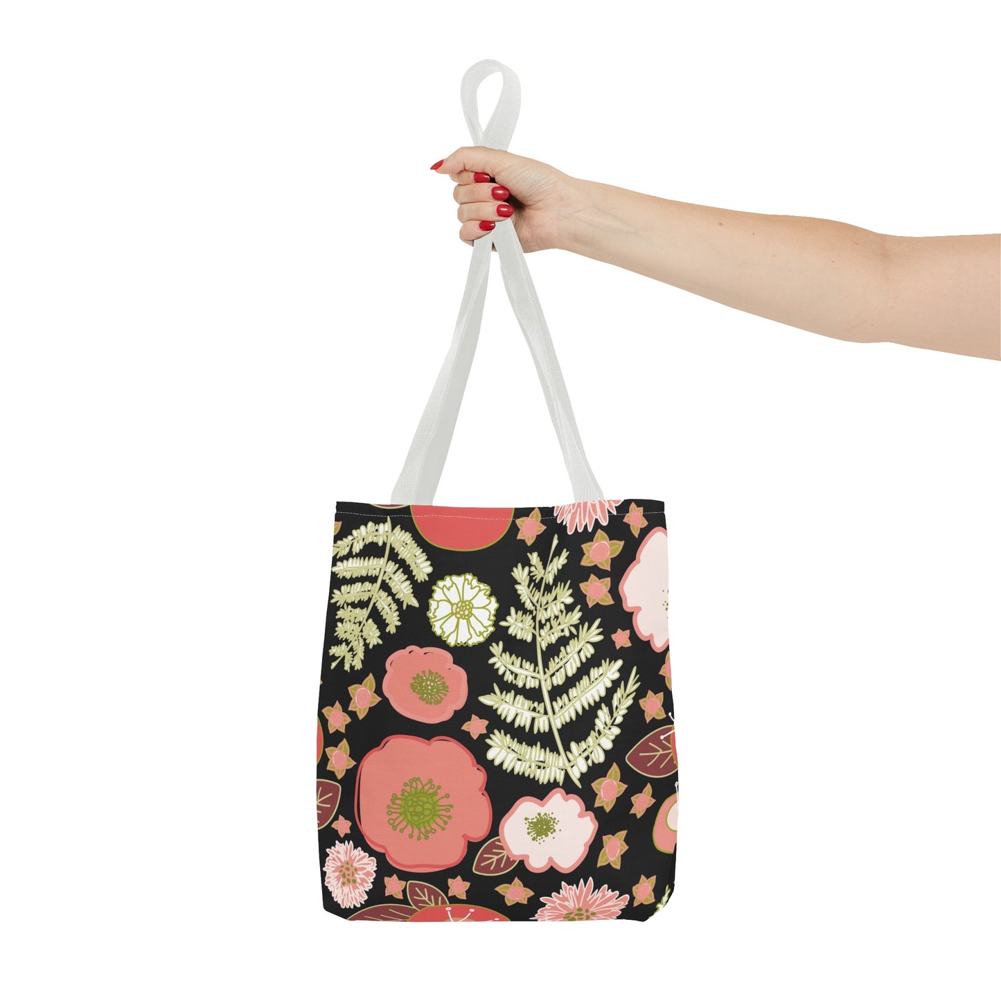 Coral Flowers on Black Tote Bag