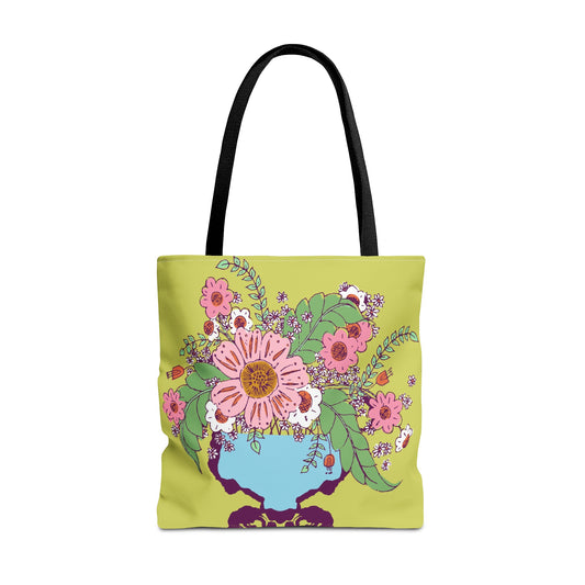 Cheerful Watercolor Flowers in Vase on Bright GreenTote Bag