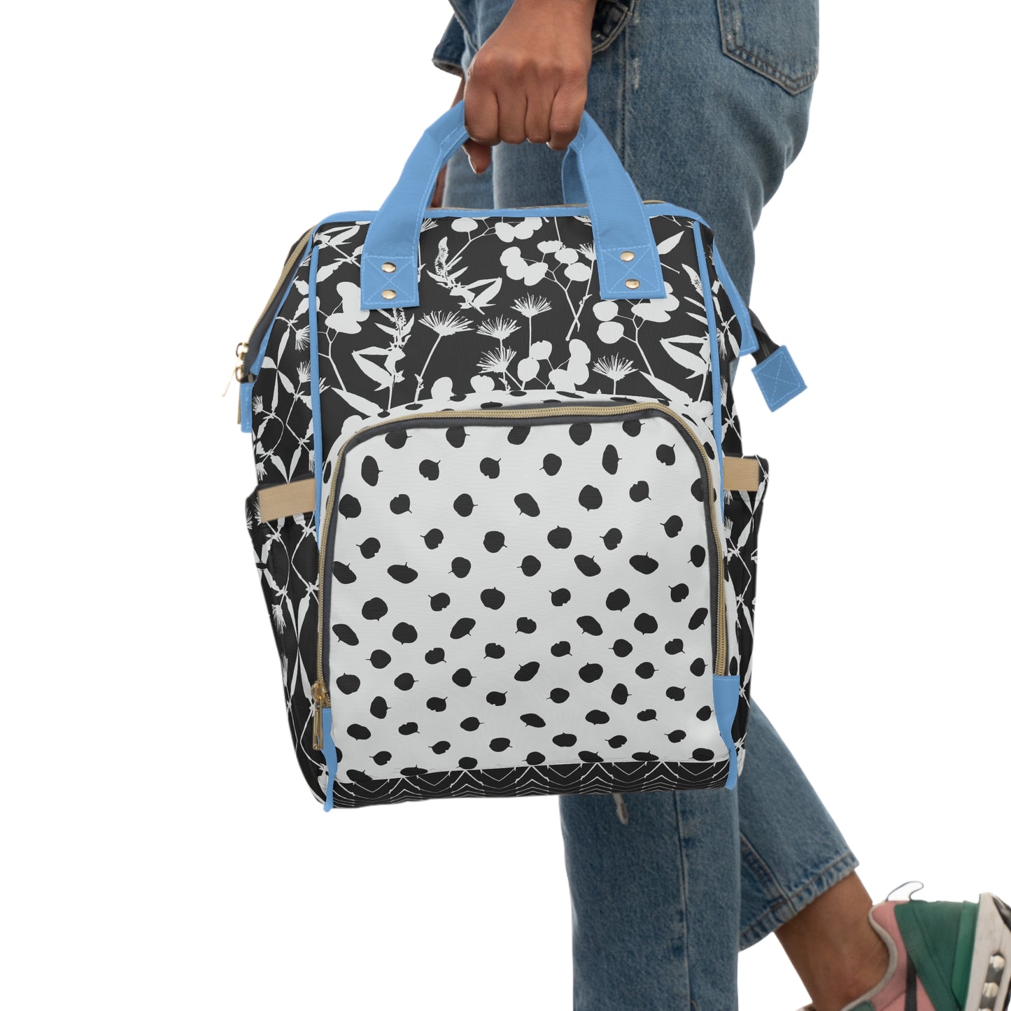 Black and White Floral with Blue Accents Multifunctional Diaper Backpack