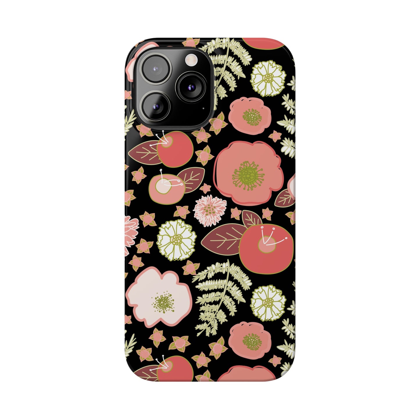 Coral Flowers on Black Slim Phone Cases