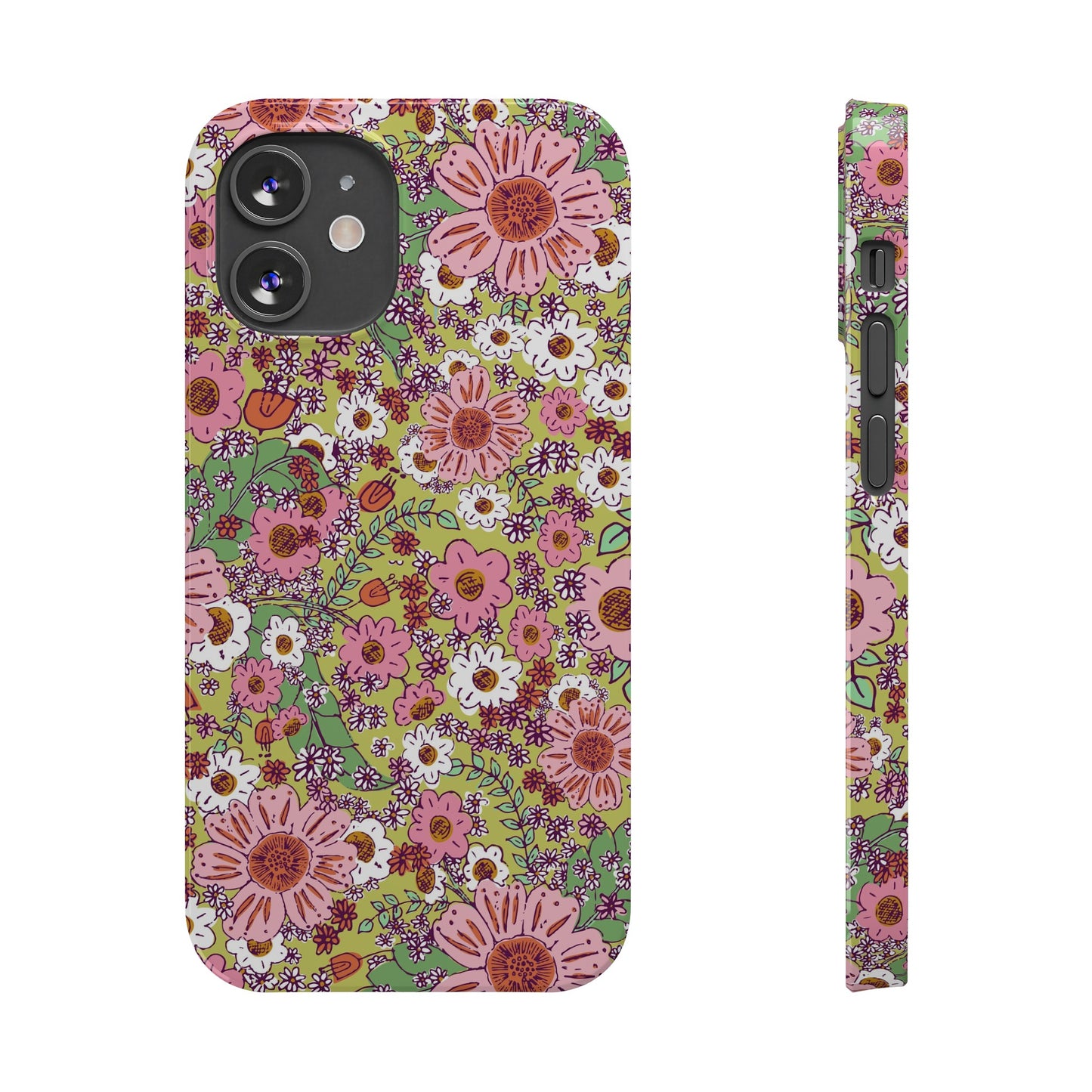 Cheerful Watercolor Flowers on Bright Green Slim Phone Cases