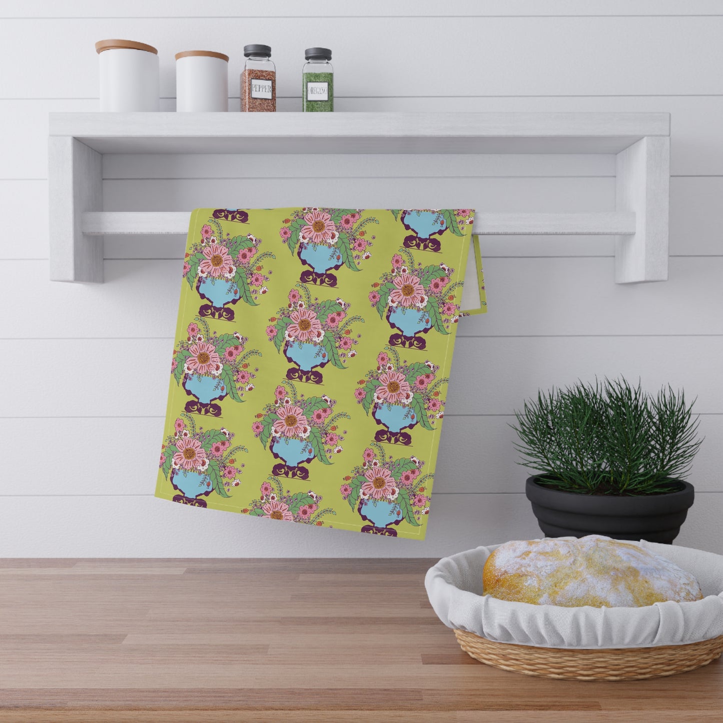 Cheerful Flowers in Vase on Bright Green Kitchen Towel