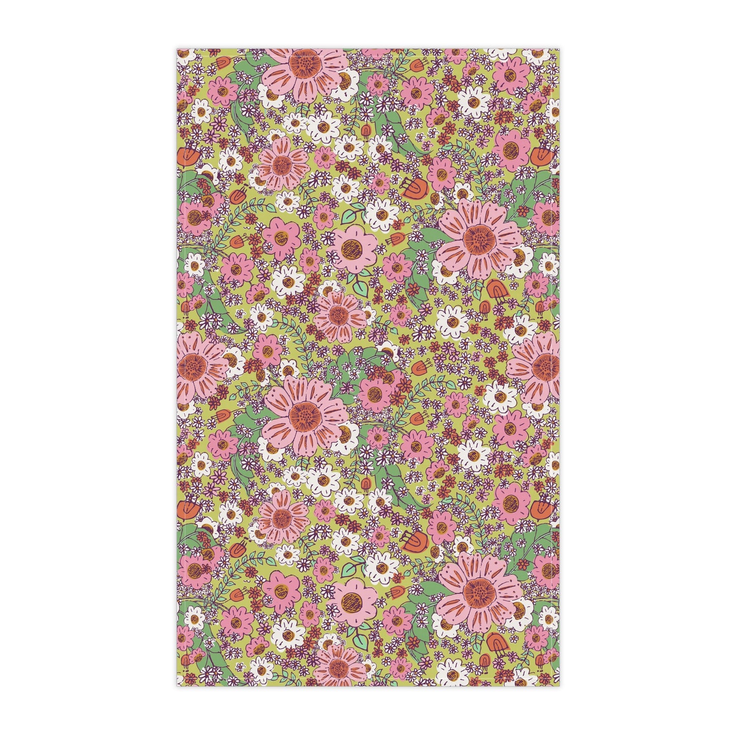 Cheerful Watercolor Flowers on Bright Green Kitchen Towel