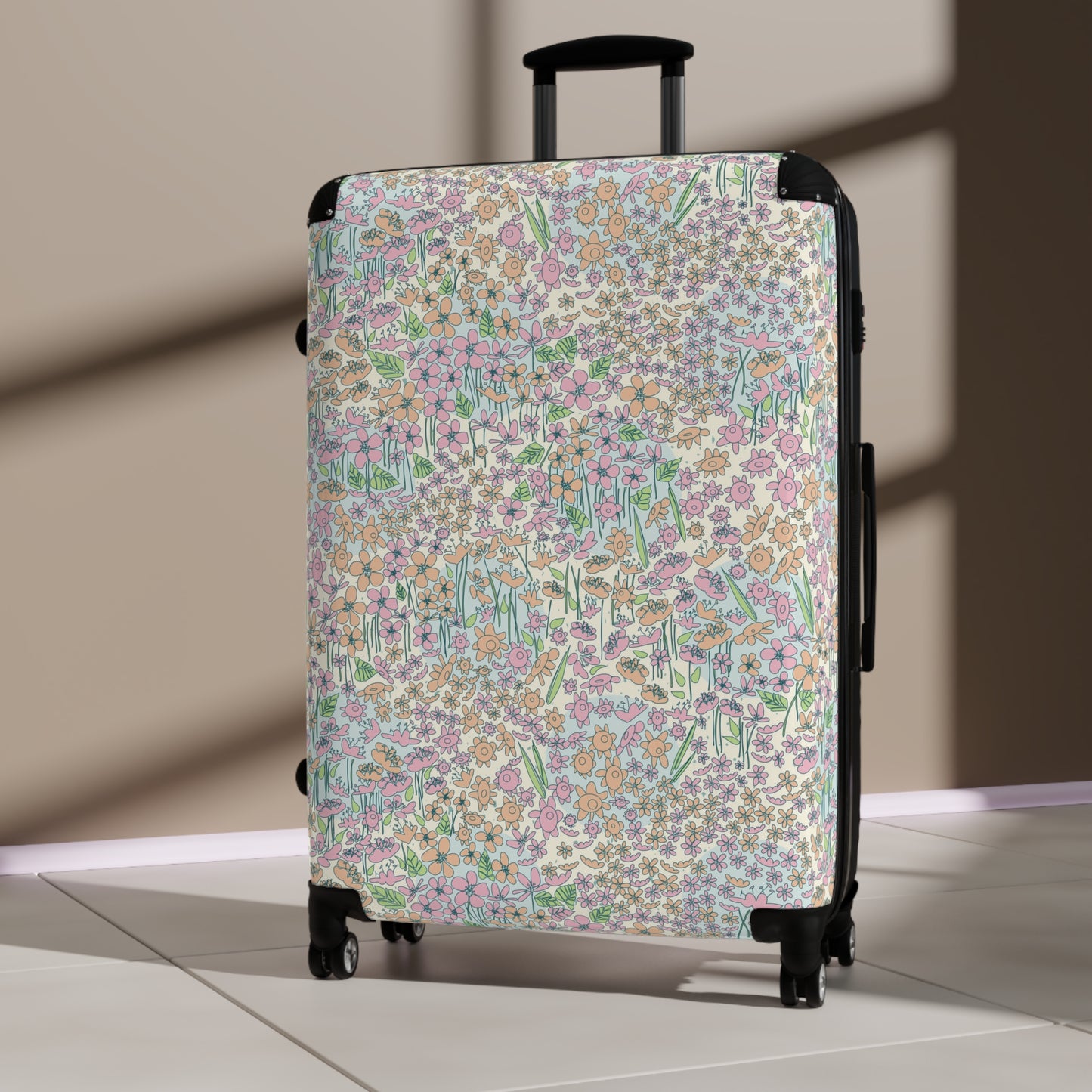 Orange and Pink Flowers on Blue Dot Suitcase