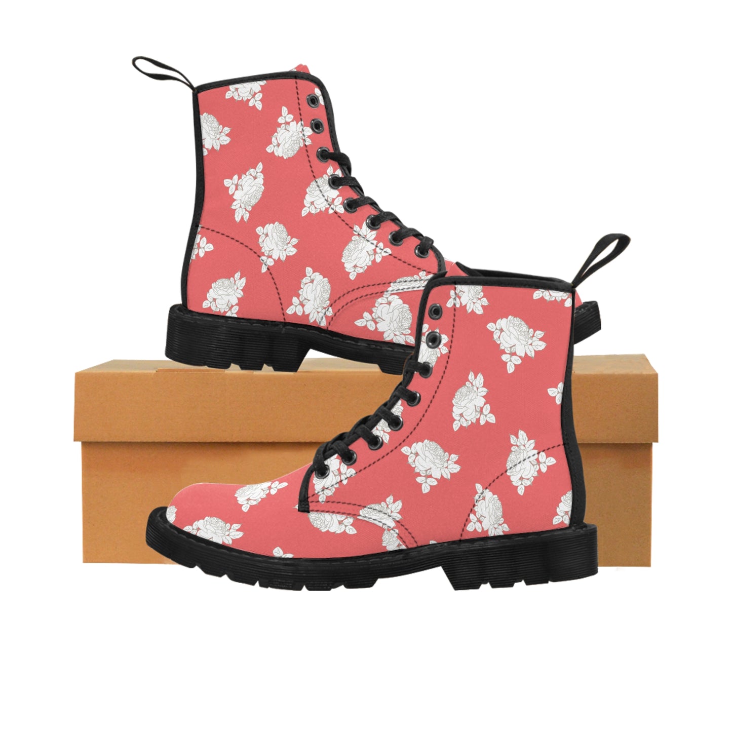 Cream Roses on Coral Women's Canvas Boots