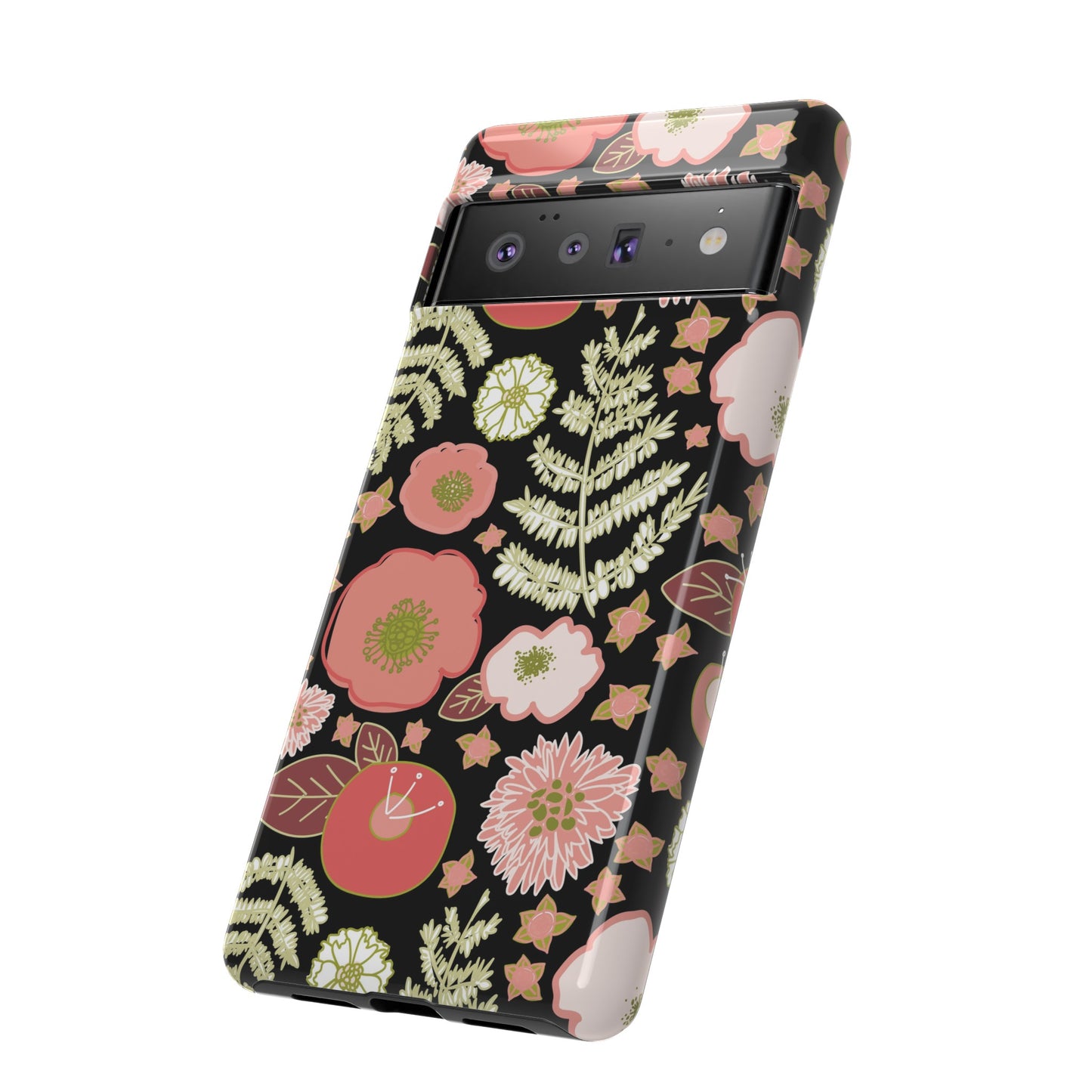 Coral Flowers on Black Tough Cases for Google Pixel