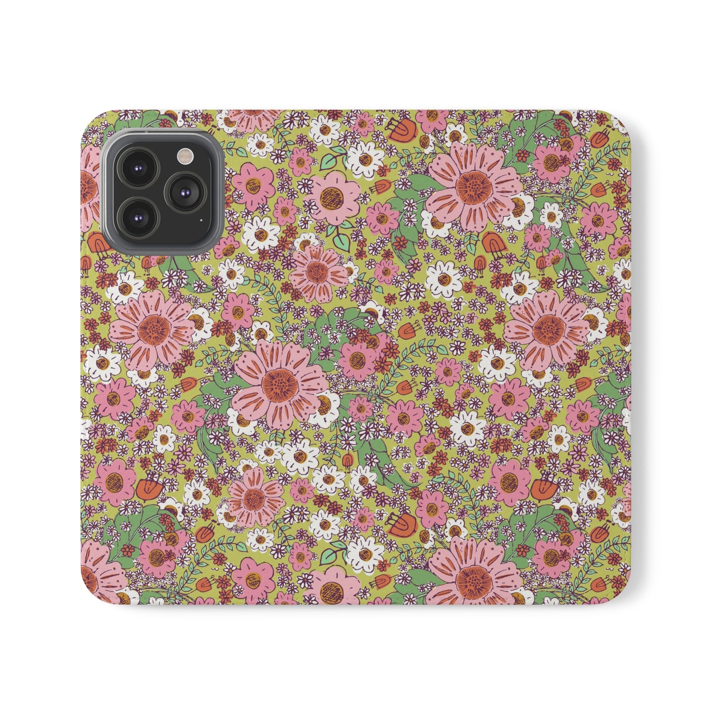 Cheerful Watercolor Flowers on Bright Green Flip Cases for iPhone