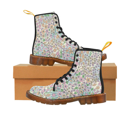 Orange and Pink Flowers on Blue Dot Women's Canvas Boots