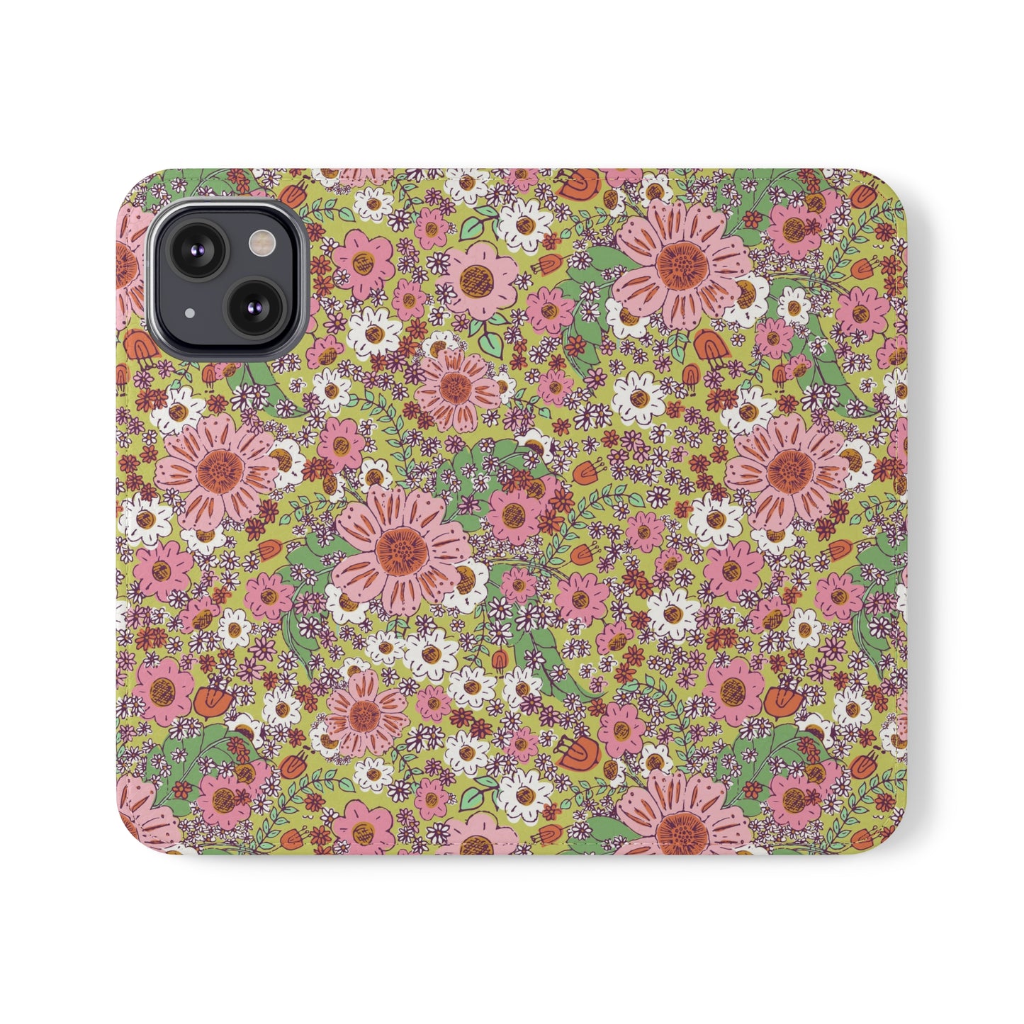 Cheerful Watercolor Flowers on Bright Green Flip Cases for iPhone