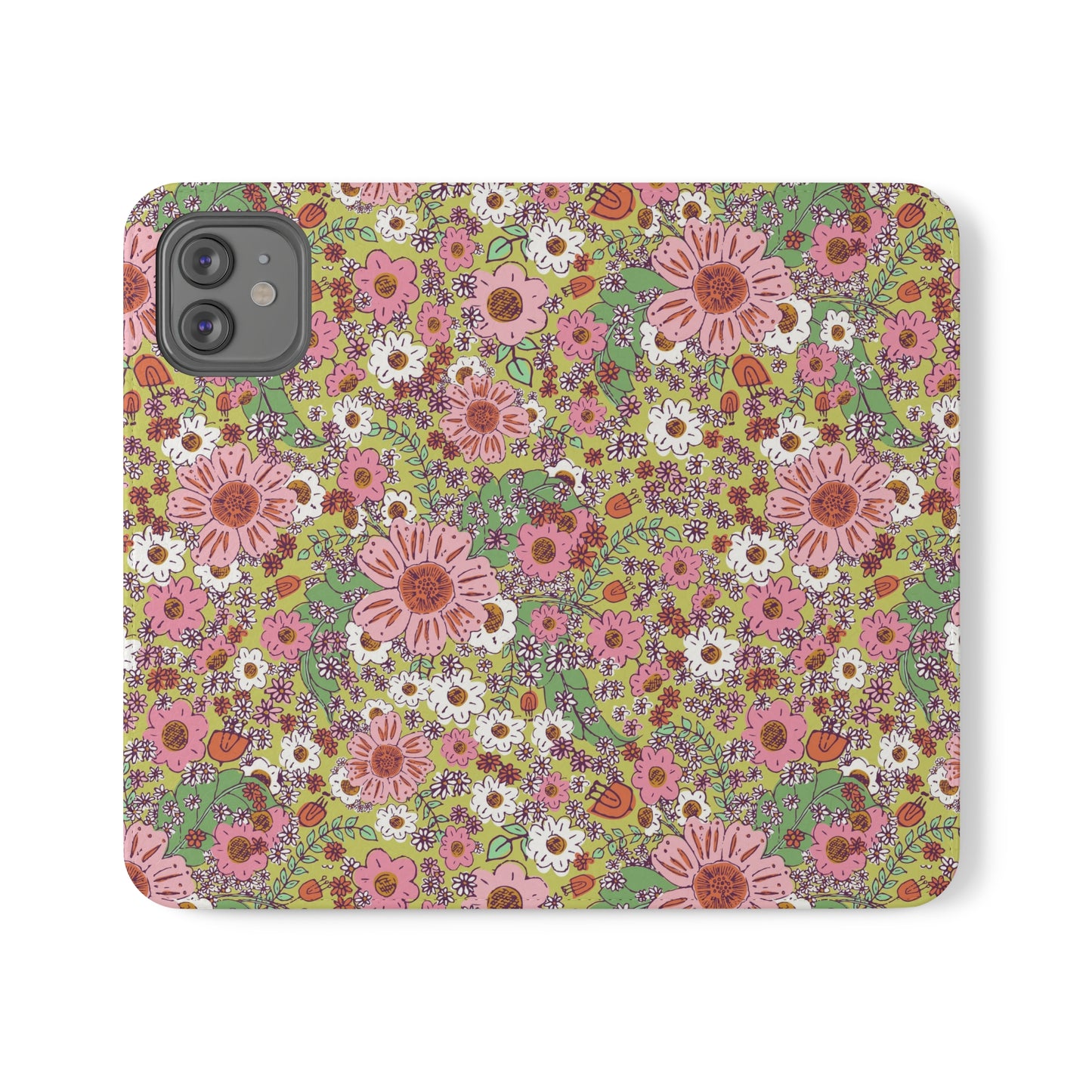 Cheerful Watercolor Flowers on Bright Green Flip Cases for iPhone