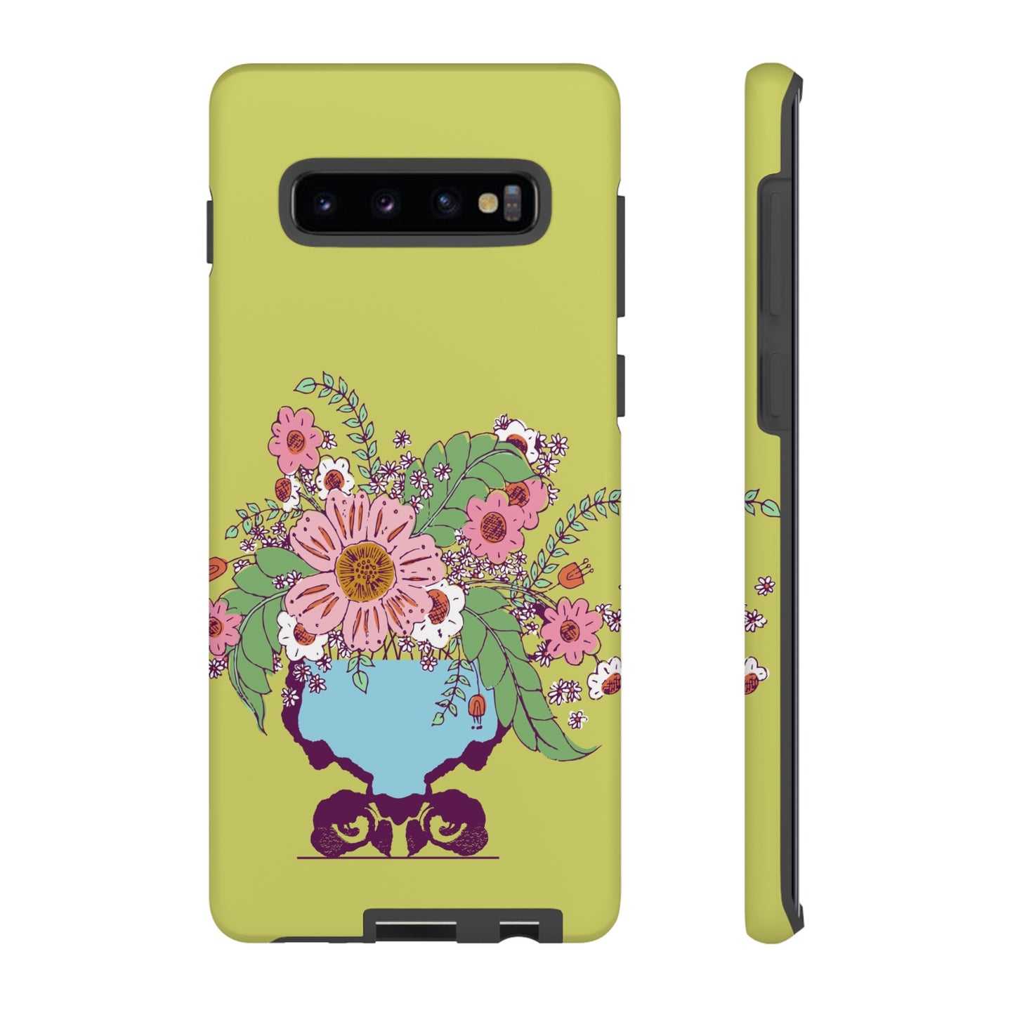 Cheerful Watercolor Flowers in Vase on Bright Green Tough Cases for Samsung