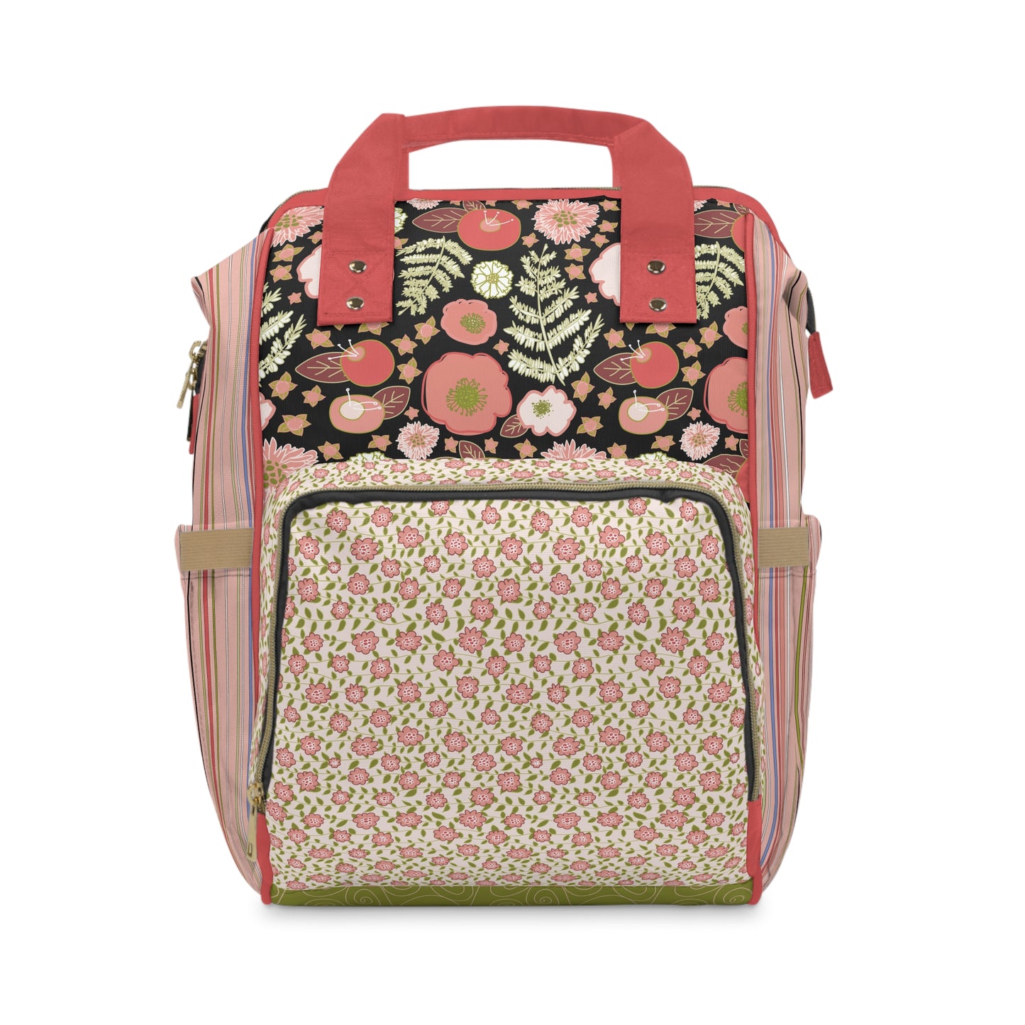 Coral Flowers on Black Multifunctional Diaper Backpack