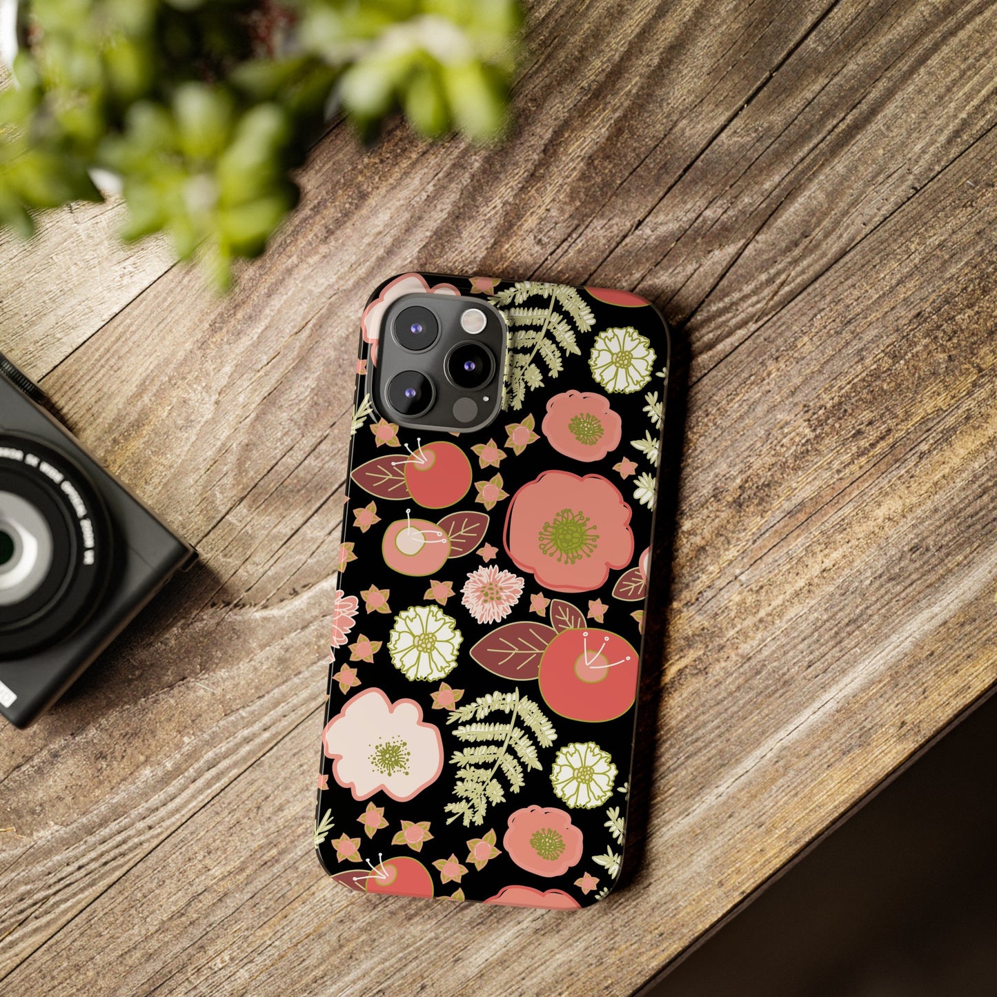 Coral Flowers on Black Slim Phone Cases