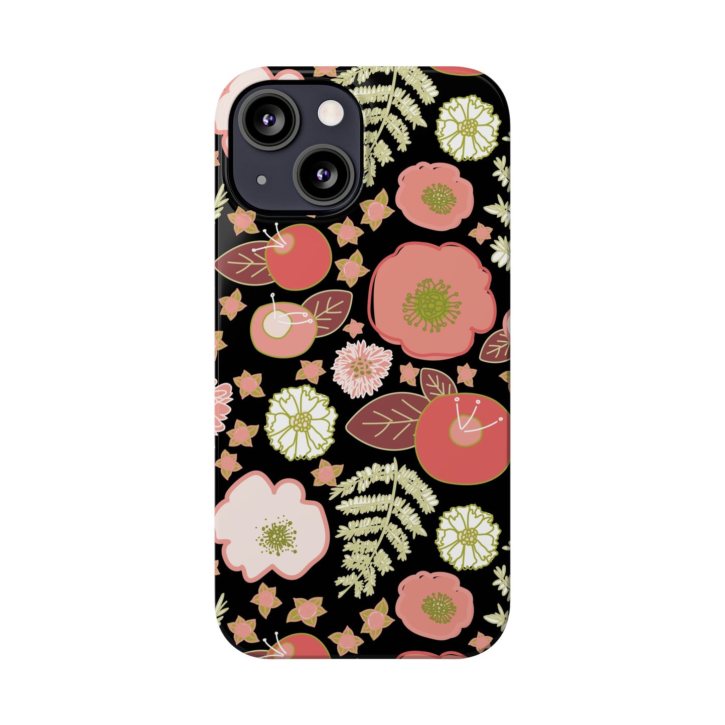 Coral Flowers on Black Slim Phone Cases