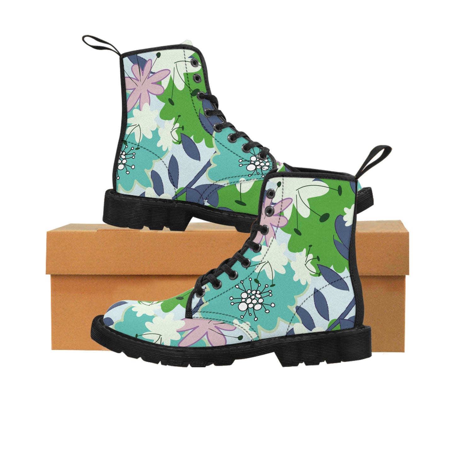 Mid Mod flowers in blue and green Women's Canvas Boots