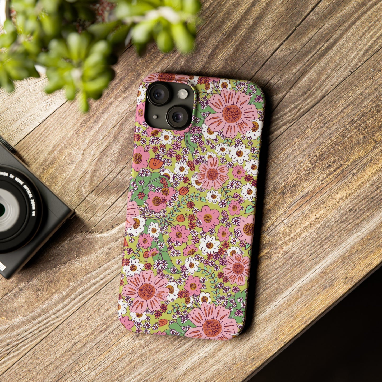 Cheerful Watercolor Flowers on Bright Green Slim Phone Cases