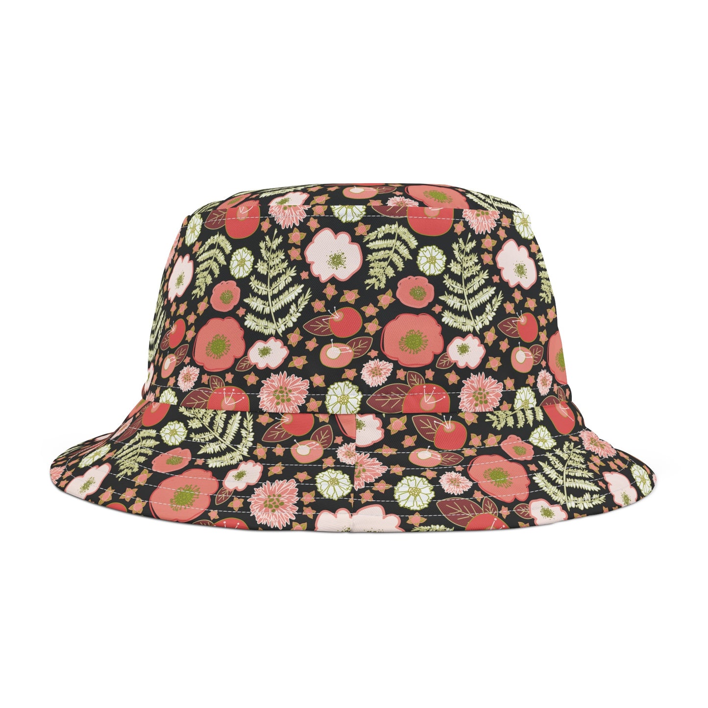 Coral Flowers on Black Bucket Hat