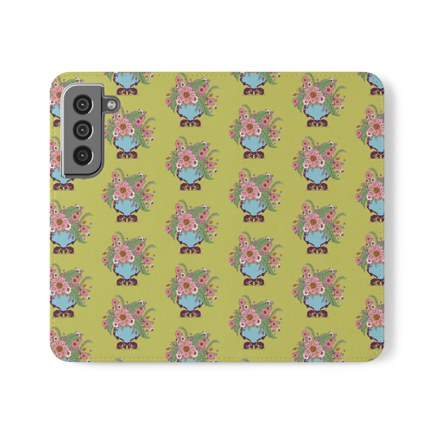 Cheerful Watercolor Flowers in Vase on Bright Green Flip Cases for Samsung