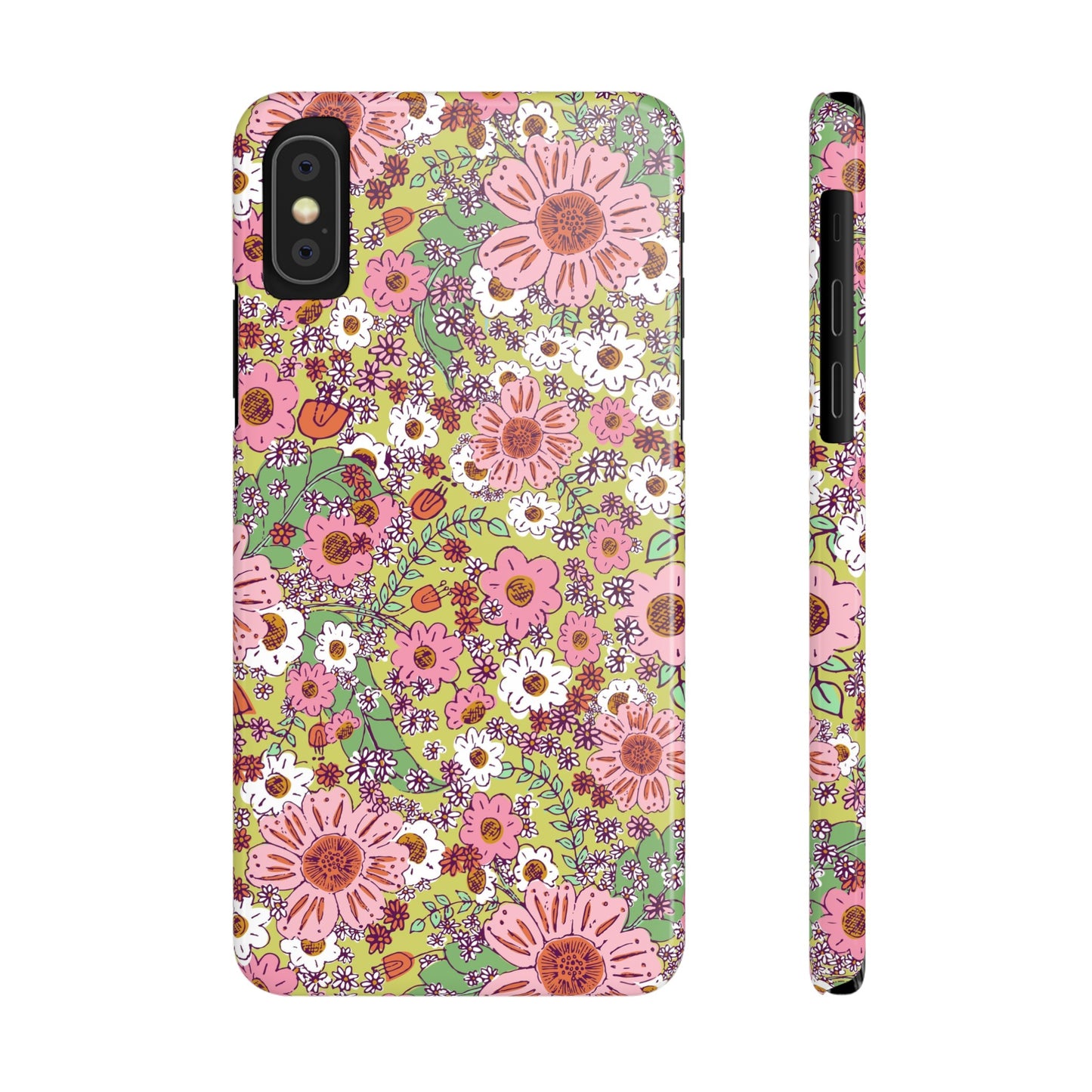 Cheerful Watercolor Flowers on Bright Green Slim Phone Cases