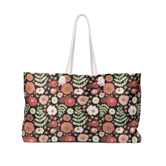 Coral Flowers on Black Weekender Bag