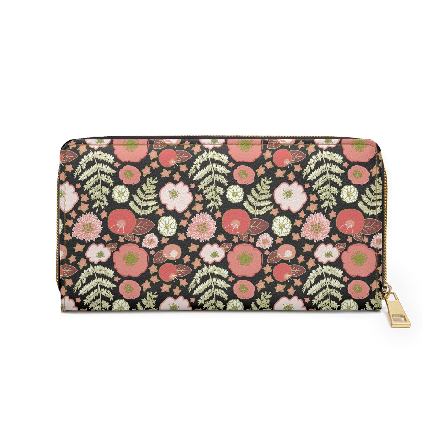 Coral Flowers on Black Zipper Wallet