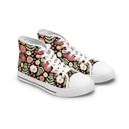 Coral Flowers on Black Women's High Top Sneakers