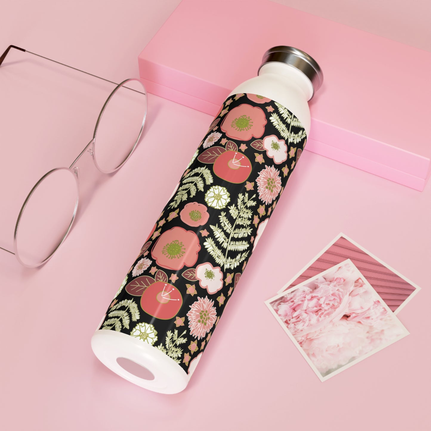 Coral Flowers on Black Slim Water Bottle