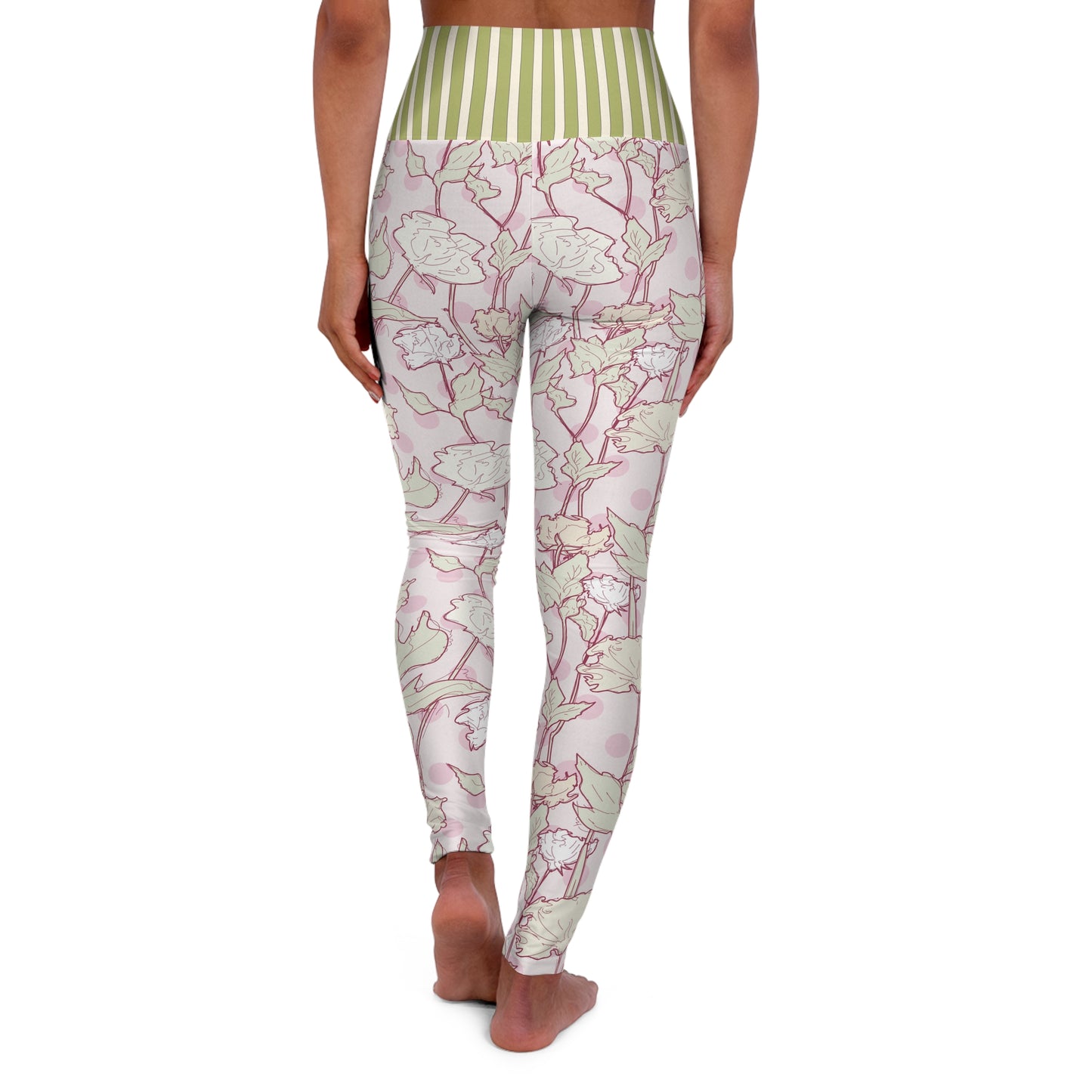 Roses and Dots in Pink High Waisted Yoga Leggings