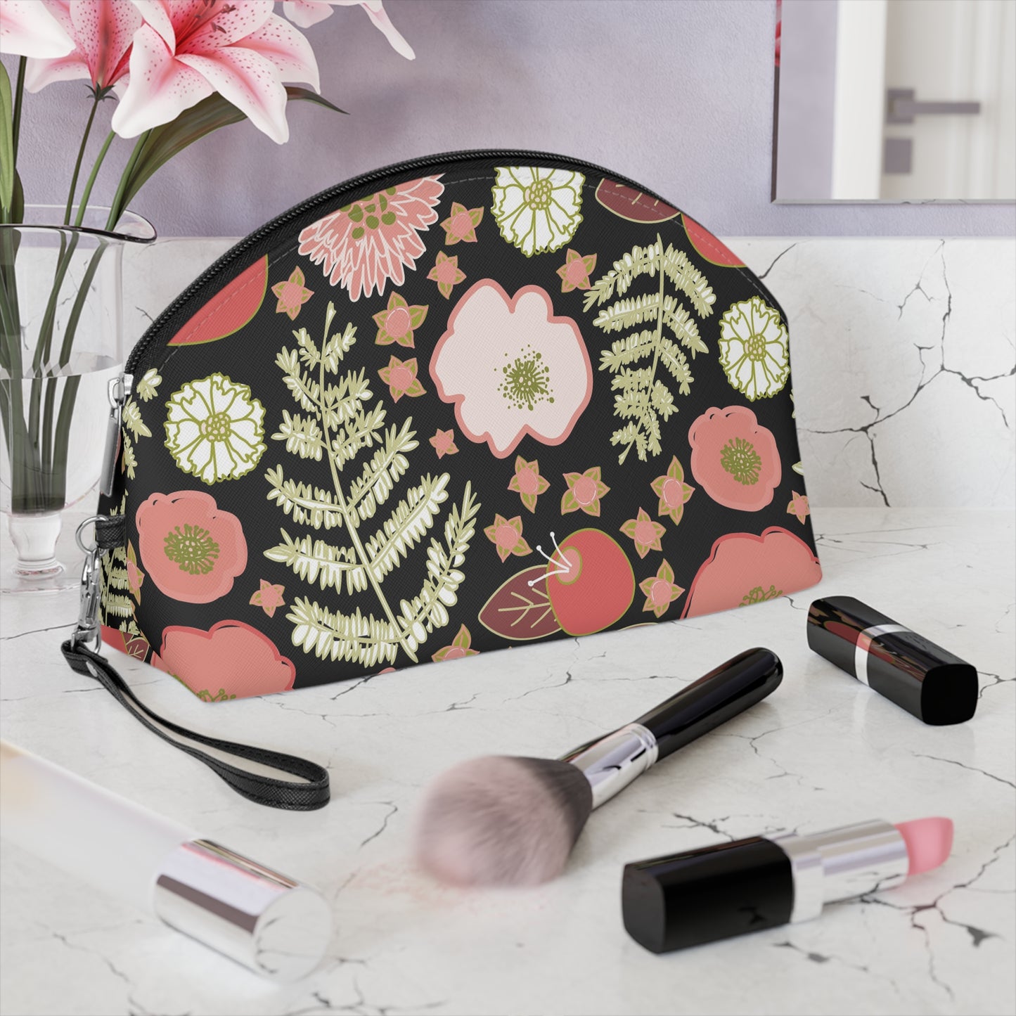 Coral Flowers on Black Makeup Bag