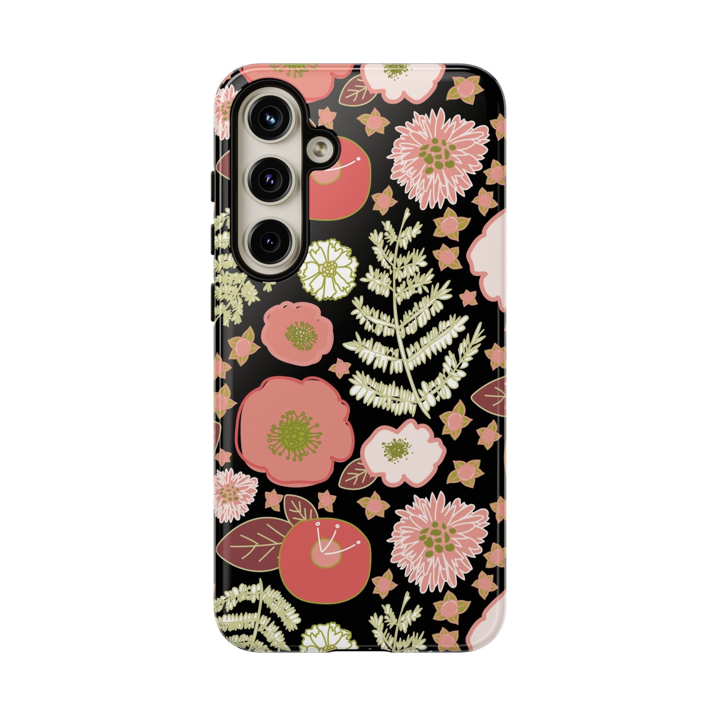 Coral Flowers on Black Tough Cases for Samsung