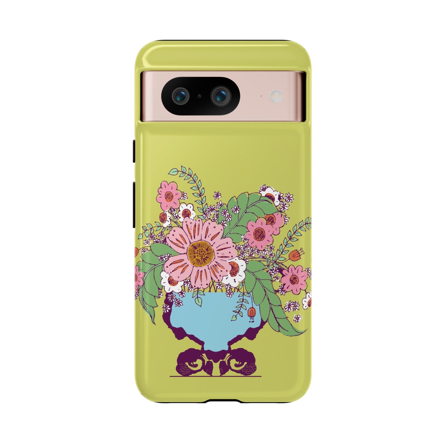 Cheerful Watercolor Flowers in Vase on Bright Green Tough Cases for Google Pixel