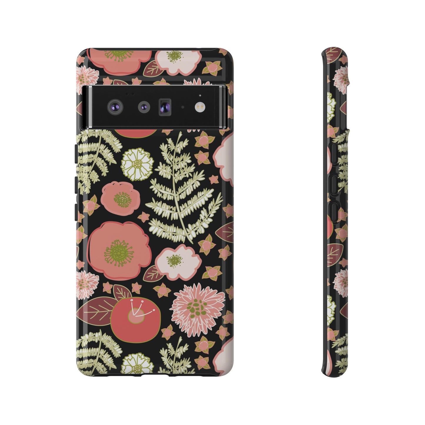 Coral Flowers on Black Tough Cases for Google Pixel