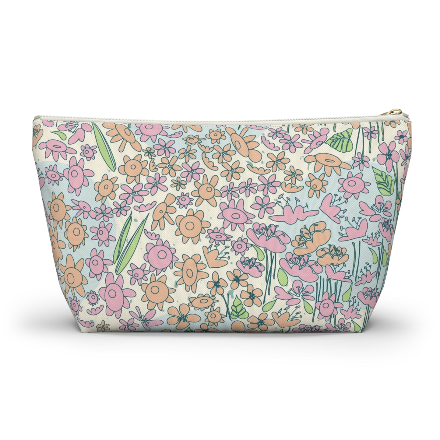 Orange and Pink Flowers on Blue Dot Accessory Pouch w T-bottom