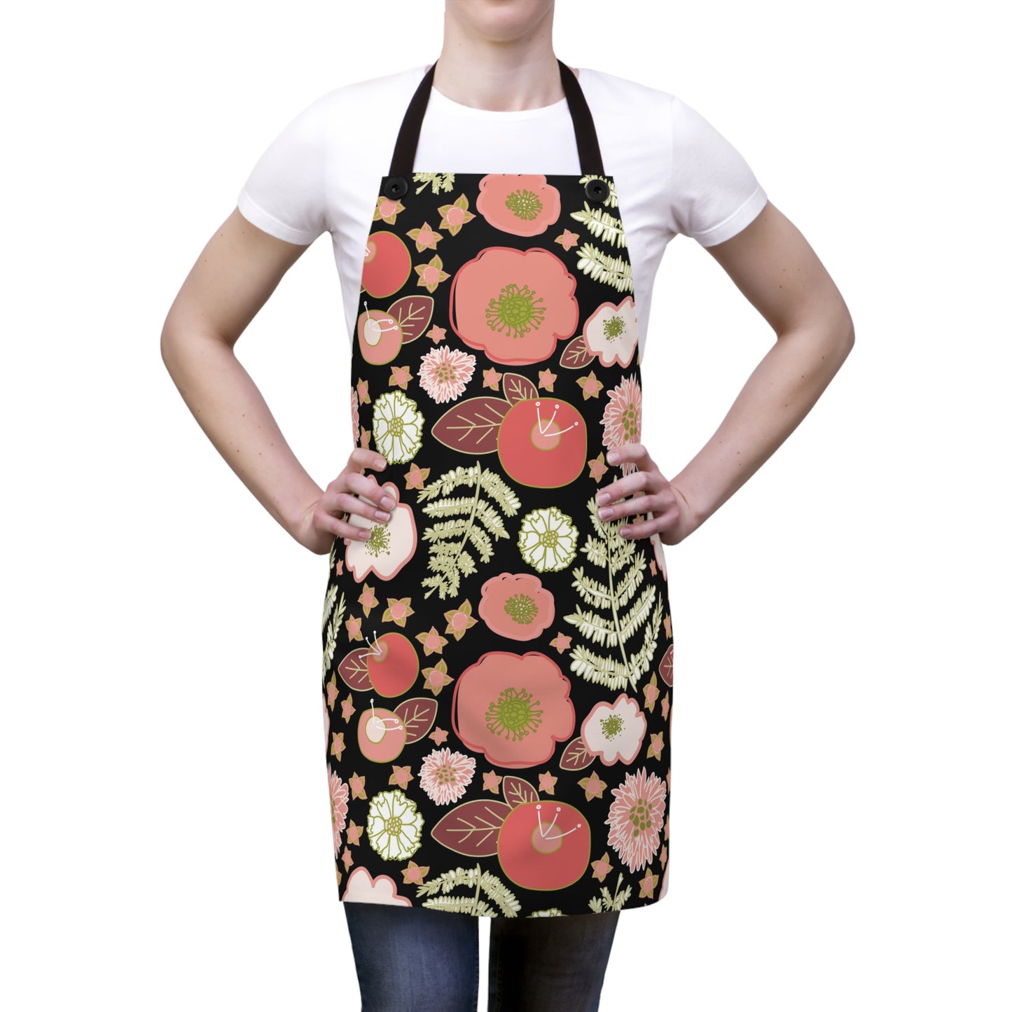 Coral Flowers on Black Apron