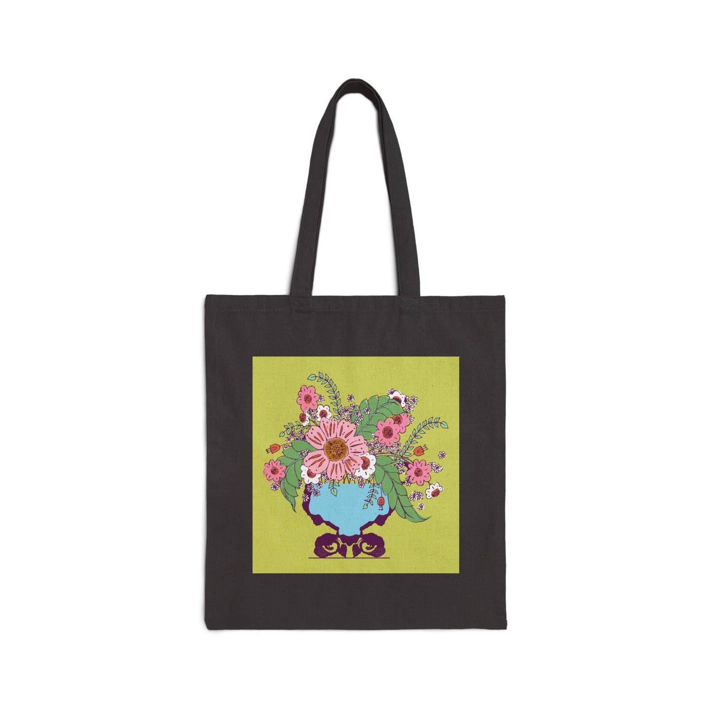 Cheerful Watercolor Flowers in Vase on Bright Green Cotton Canvas Tote Bag