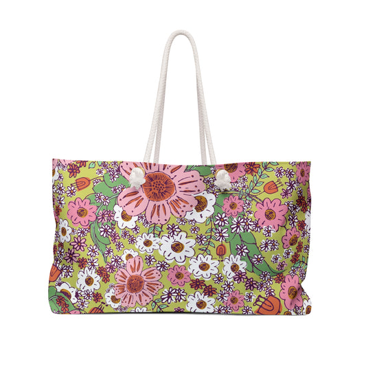 Cheerful Watercolor Flowers on Bright Green Weekender Bag