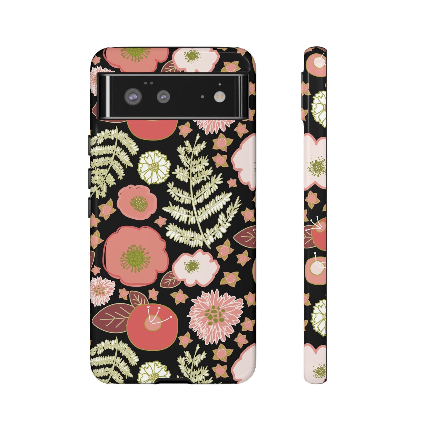 Coral Flowers on Black Tough Cases for Google Pixel