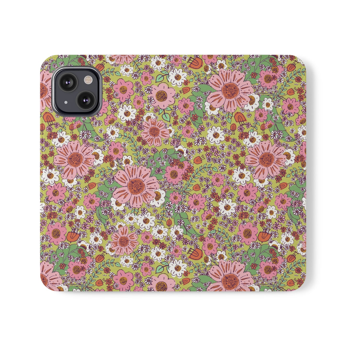 Cheerful Watercolor Flowers on Bright Green Flip Cases for iPhone