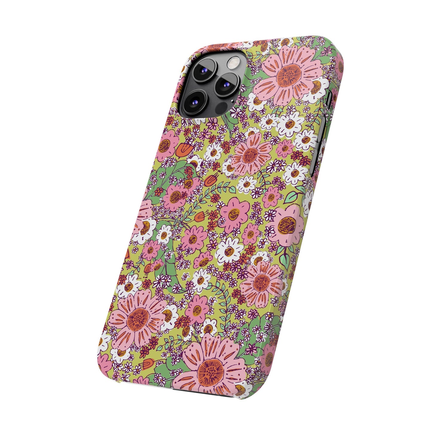 Cheerful Watercolor Flowers on Bright Green Slim Phone Cases